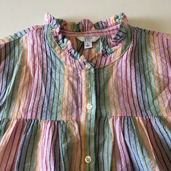 Crown & Ivy Women’s Colorful Striped Short Sleeve High Ruffled Neck Large NWT - Picture 7 of 11